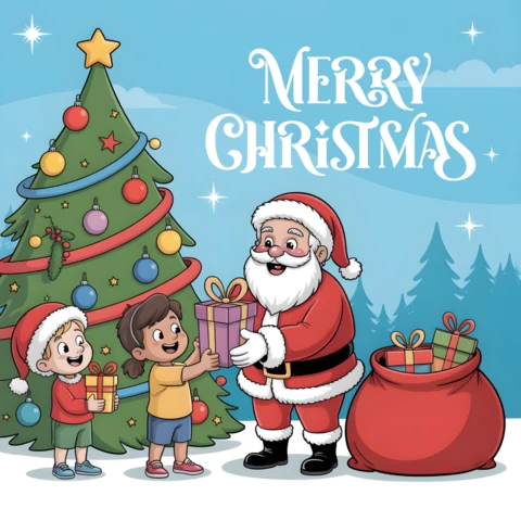 Magical Christmas Santa Claus with Children and Gift Bag in Snow-Covered Forest with Holiday Cheer Poster Design Template
