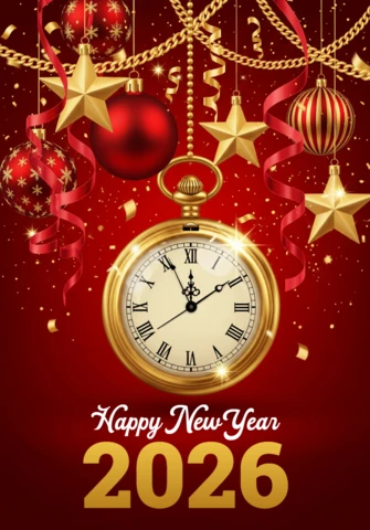 New Year Greeting Template Elegant 2026 Layout with Hanging Stars, Baubles, and Midnight Clock