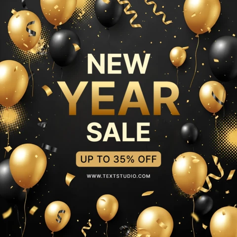 New Year Sale Design Template with Gold and Black Balloons for Promotional Flyers