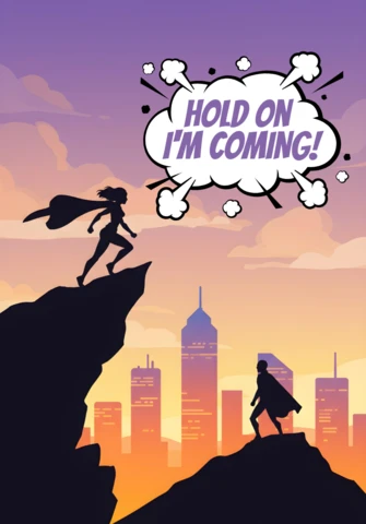 Heroic Cliff Rescue Silhouetted Superheroes with Cityscape & Dramatic Sky Poster Design Template