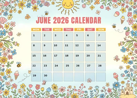 Шаблон ежемесячного календаря летнего сада для детей на июнь 2026 года