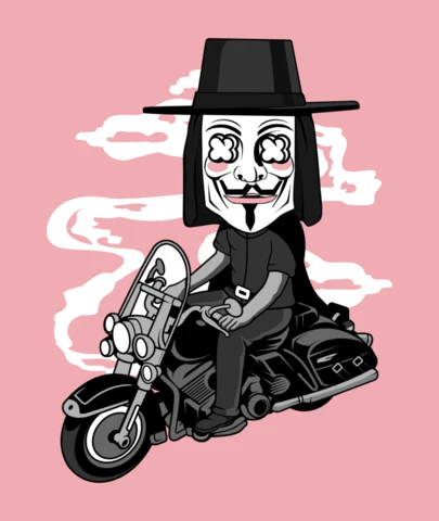 Plantilla de diseño de camiseta de cultura pop con caricatura de motociclista de Vendetta