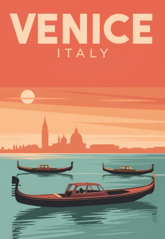 Venice Italy Retro Design Template with Gondolas for Travel Posters
