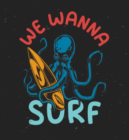 Octopus And Surfing Board T-Shirt Design Template