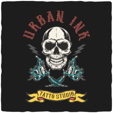 Urban Ink Tattoo Studio with Skull T-shirt Design Template