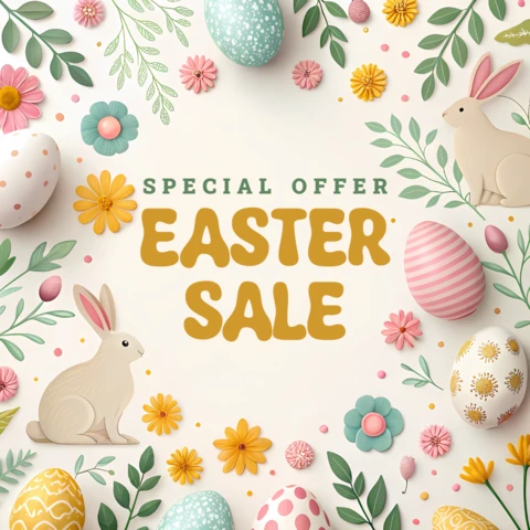 Plantilla de diseño de venta de Pascua primaveral con elementos florales y conejitos