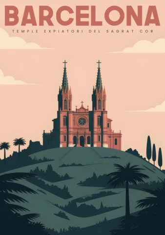 Templo expiatorio del sagrado corazón con palmeras y cielo al atardecer plantilla de diseño de carteles de viaje a Barcelona