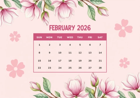 Calendrier de février 2026 design doux pétale de magnolia avec toile rose et grâce botanique