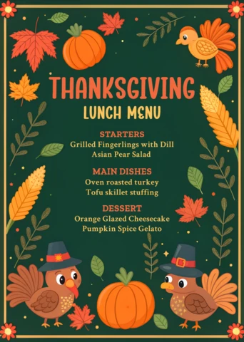 Modelo de design de menu de Ação de Graças com folhas de outono e perus para eventos festivos