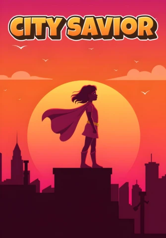 City Savior Rooftop Superhero Silhouette with Sunset Skyline Poster Design Template