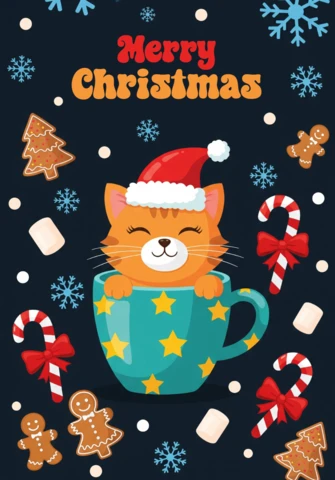 Merry Christmas Card Festive Cat in Mug Surrounded By Candy Canes and Gingerbread in Cozy Winter Scene
