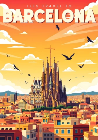 Barcelona Travel Art Sagrada Família & Sunrise Cityscape Posters Design Template