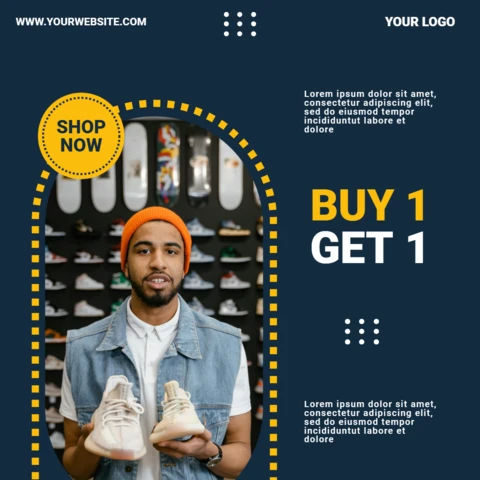 Compre 1 e leve 1 oferta de venda de tênis streetwear modelo de design de postagem do Instagram