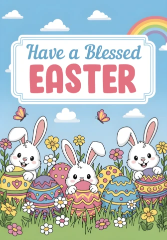 Happy Easter Day Greeting Poster Rabbits, Rainbow, Decorated Eggs, Flowers, Butterflies, and Playful Holiday Decorative Design