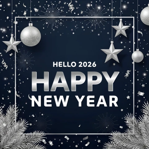 New Year Celebration Template with Silver Ornaments and Starry Background Design for Greeting Cards