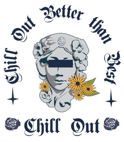 Chill Out Design Template with Vintage Statue and Floral Elements for Apparel