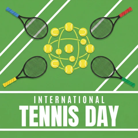 International Tennis Day Decorative Poster with Colorful Rackets and Sport Motif