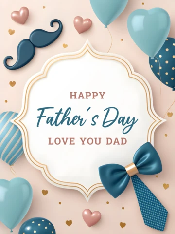 Cute 3D Father's Day Wishes Template with Balloons and Mustache Design