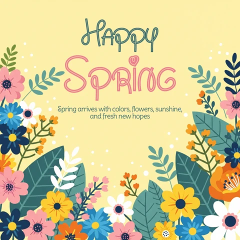 Seasonal Spring Poster Design Template with Decorative Flowers, Yellow Background, and Inspirational Quote