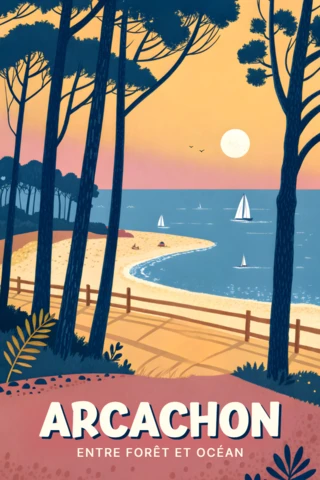 Retro Flat Coastal Landscape Design Template for Arcachon Travel Posters