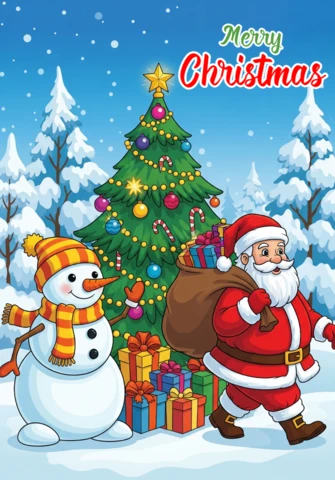 Weihnachtsgrußkarte mit Weihnachtsmann und Schneemann, dekoriertem Baum und Geschenken in einer verschneiten Waldszene, Plakatdesign-Vorlage