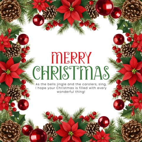 Cartolina di stagione festiva con ghirlanda di poinsettia, pigne e palline che incorniciano un messaggio poetico di Natale e un design di auguri calorosi.
