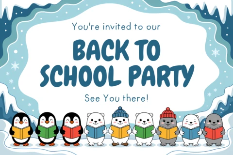 Back to School Party Invitation Template with Cute Penguin Design