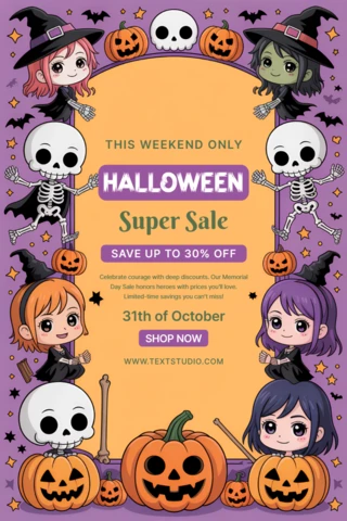 Modèle de vente d'Halloween fantaisiste avec des personnages mignons pour la conception de flyers promotionnels