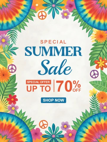 Vibrant Summer Sale Design Template with Floral and Tie-Dye Elements