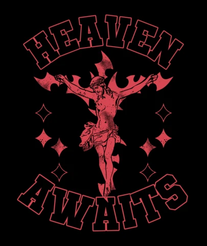 O céu aguarda pôster de cruz cristã ousada com silhueta do salvador vermelho e design de camiseta com motivo celestial.