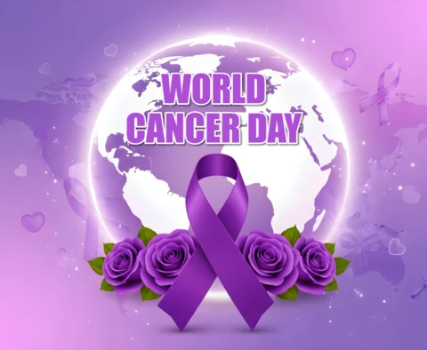 World Cancer Day Awareness Template with Purple Ribbon and Roses Design for Posters