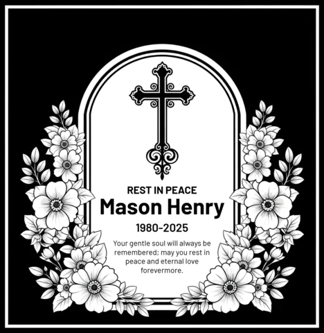 Plantilla de diseño de banner digital de condolencias, descanso en paz, homenaje con arco floral ornamentado.