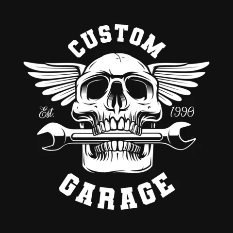Modelo de design de camiseta com caveira e chave inglesa na boca