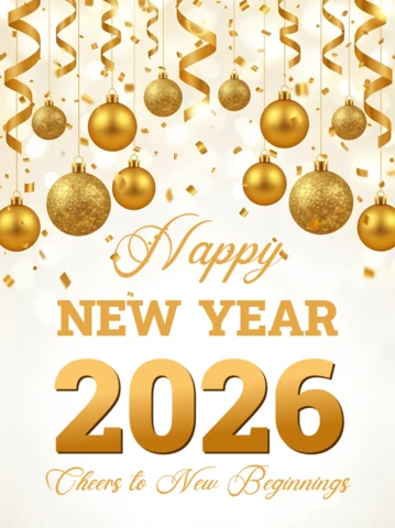 Plantilla de celebración de Año Nuevo con adornos dorados para tarjetas de felicitación festivas.