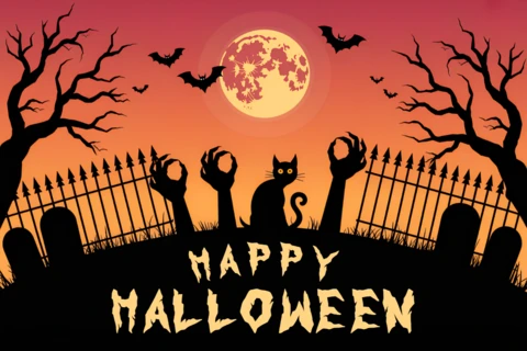 Plantilla de diseño espeluznante de Halloween con gato y murciélagos para carteles festivos.