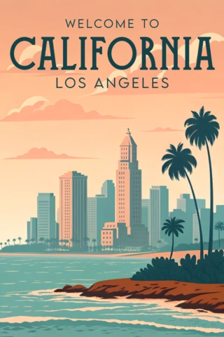 カリフォルニアのビンテージ旅行ポスターデザインテンプレート、都市景観とヤシの木を使った壁アート用