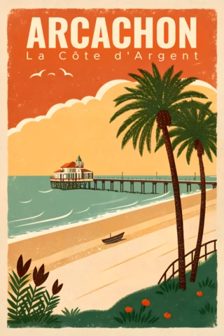 Vintage Arcachon Beach Design with Fishing Hut for Retro Flat Travel Poster