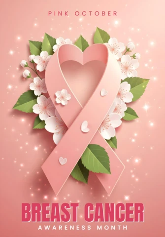 Rosa Oktober Dekoration Brustkrebsbewusstsein mit Herzband & Glitzer Plakatdesignvorlage