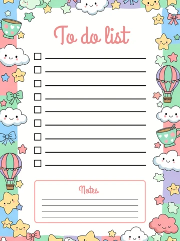 Colorful To Do List Template with Cute Clouds and Hot Air Balloons Design