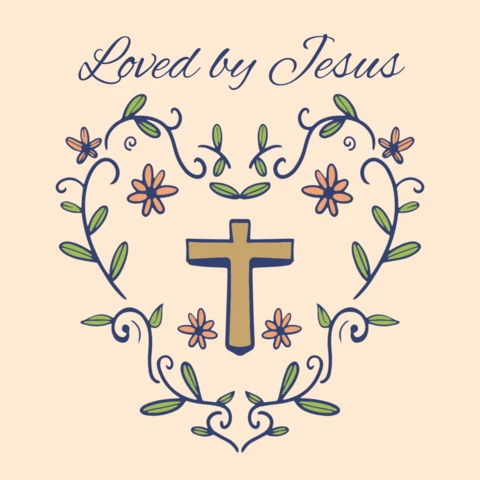 Amado por Jesus, cruz dourada em coração floral, modelo de design de camiseta cristã.