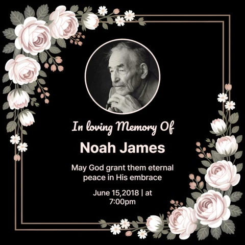Plantilla de diseño memorial floral elegante para tarjetas de homenaje con retrato