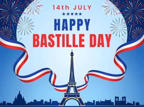 Happy Bastille Day Greeting Card with Eiffel Tower and French National Celebration Elements