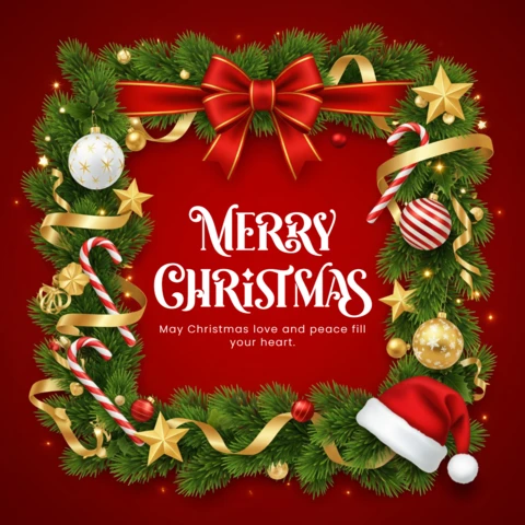 Merry Christmas Card Festive Wreath with Red Bow and Golden Stars Framing May Christmas Love and Peace Fill Your Heart Design Template