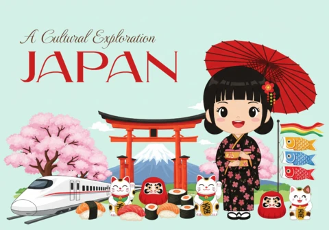 Affiche d'exploration du patrimoine japonais avec des symboles traditionnels incluant le shinkansen, les poupées daruma, le maneki-neko et les koinobori.