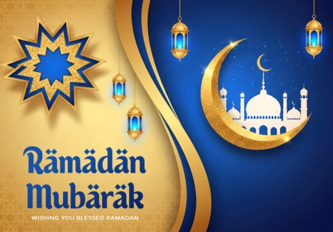 Szablon projektu Ramadan mubarak z księżycem w kształcie rogu i latarniami do kart okolicznościowych.