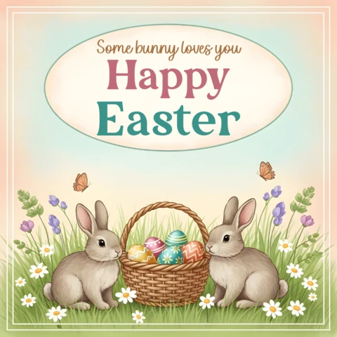 Cartolina di auguri di Pasqua — conigli con cestino di uova, fiori, farfalle e opere d'arte festose
