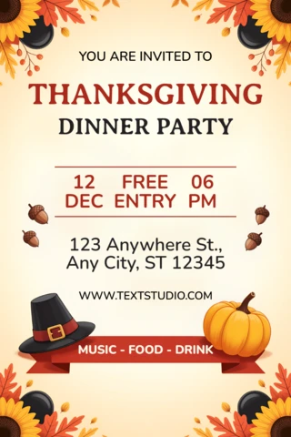 Thanksgiving Dinner Party Invitation Template with Autumn Elements and Festive Design