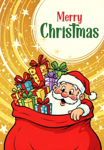 Cartel de diseño de plantilla de escena de celebración festiva con Santa Claus rodeado de regalos y estrellas doradas.