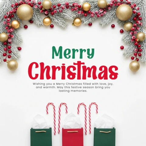 Christmas Card Garland with Ornaments and Gift Bags Surrounding Merry Christmas and Happiness Message Design Template