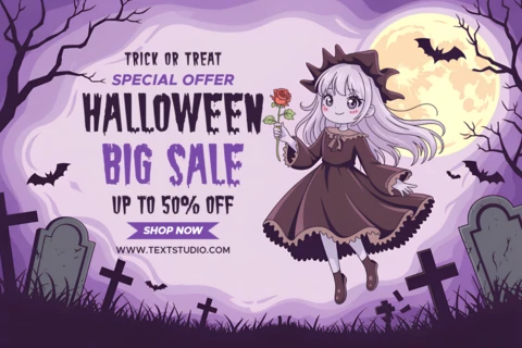 Modello di design a tema Halloween anime con personaggio carino per volantini promozionali